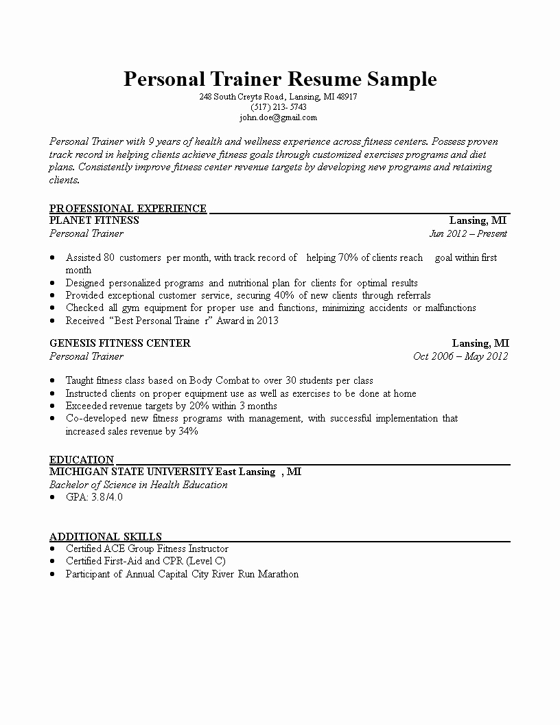 Personal Trainer Resume Template Awesome Free Personal Trainer Resume Sample