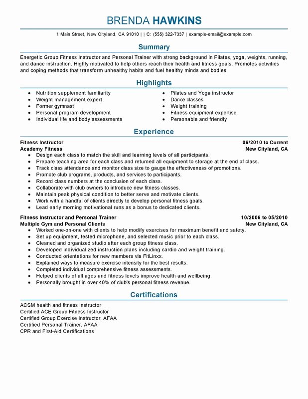 Personal Trainer Resume Template Fresh Unfor Table Fitness and Personal Trainer Resume Examples