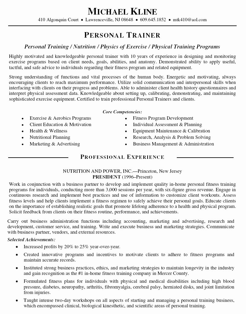 Personal Trainer Resume Template Inspirational Personal Trainer Resume Objective Personal Trainer Resume
