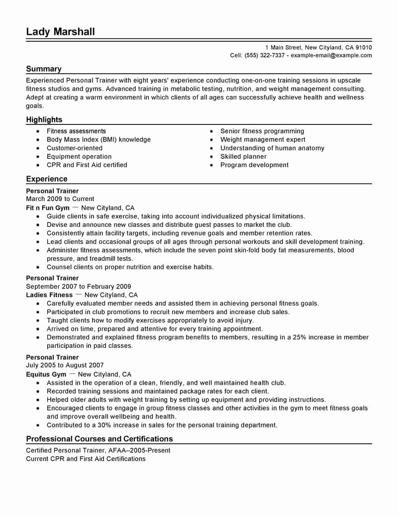 Personal Trainer Resume Template Lovely Best Personal Trainer Resume Example