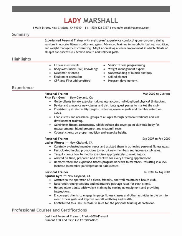 Personal Trainer Resume Template New Unfor Table Personal Trainer Resume Examples to Stand