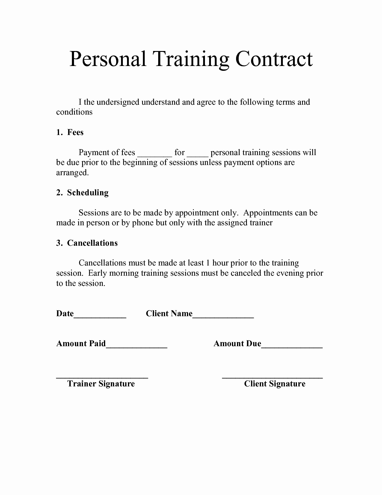 Personal Training Workout Template Unique Personal Training Contract Templates