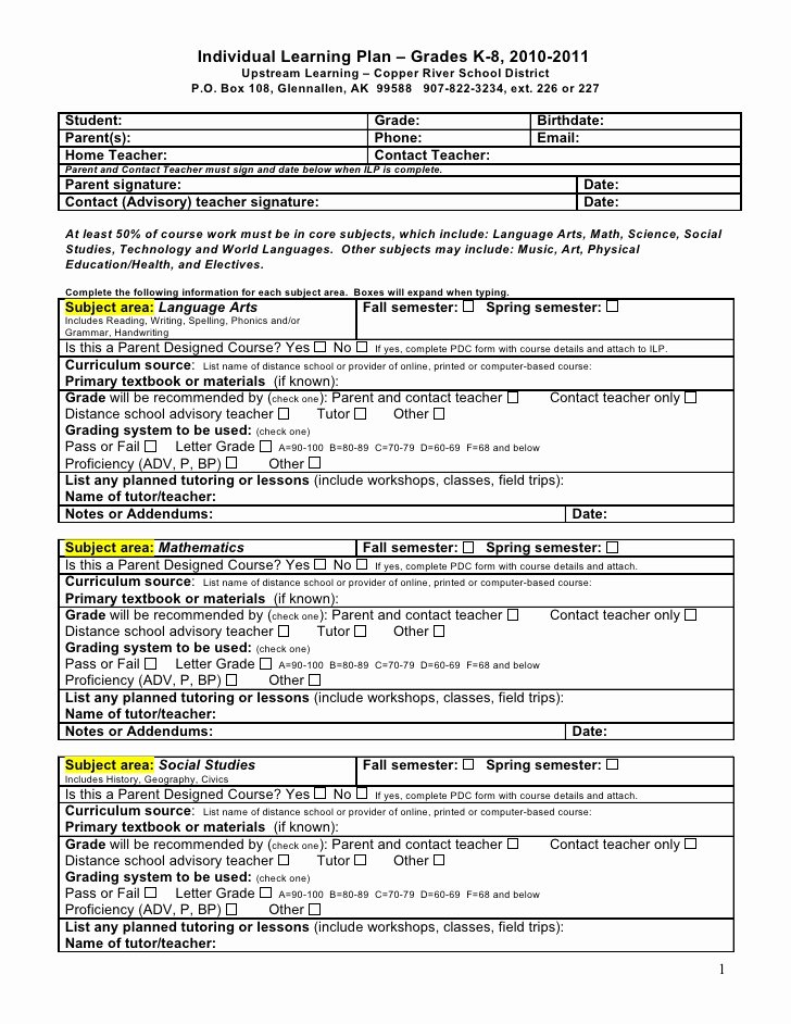 Personalized Learning Plan Template New Individual Learning Plan – Grades K 8 2010 2011