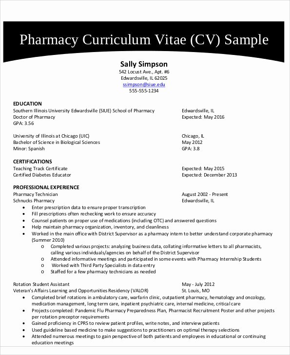 Pharmacist Curriculum Vitae Template New 9 Pharmacist Curriculum Vitae Templates Pdf Doc