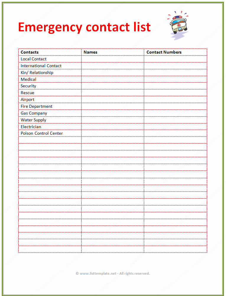 Phone Contact List Template Luxury Contact List Template for Emergency List Templates