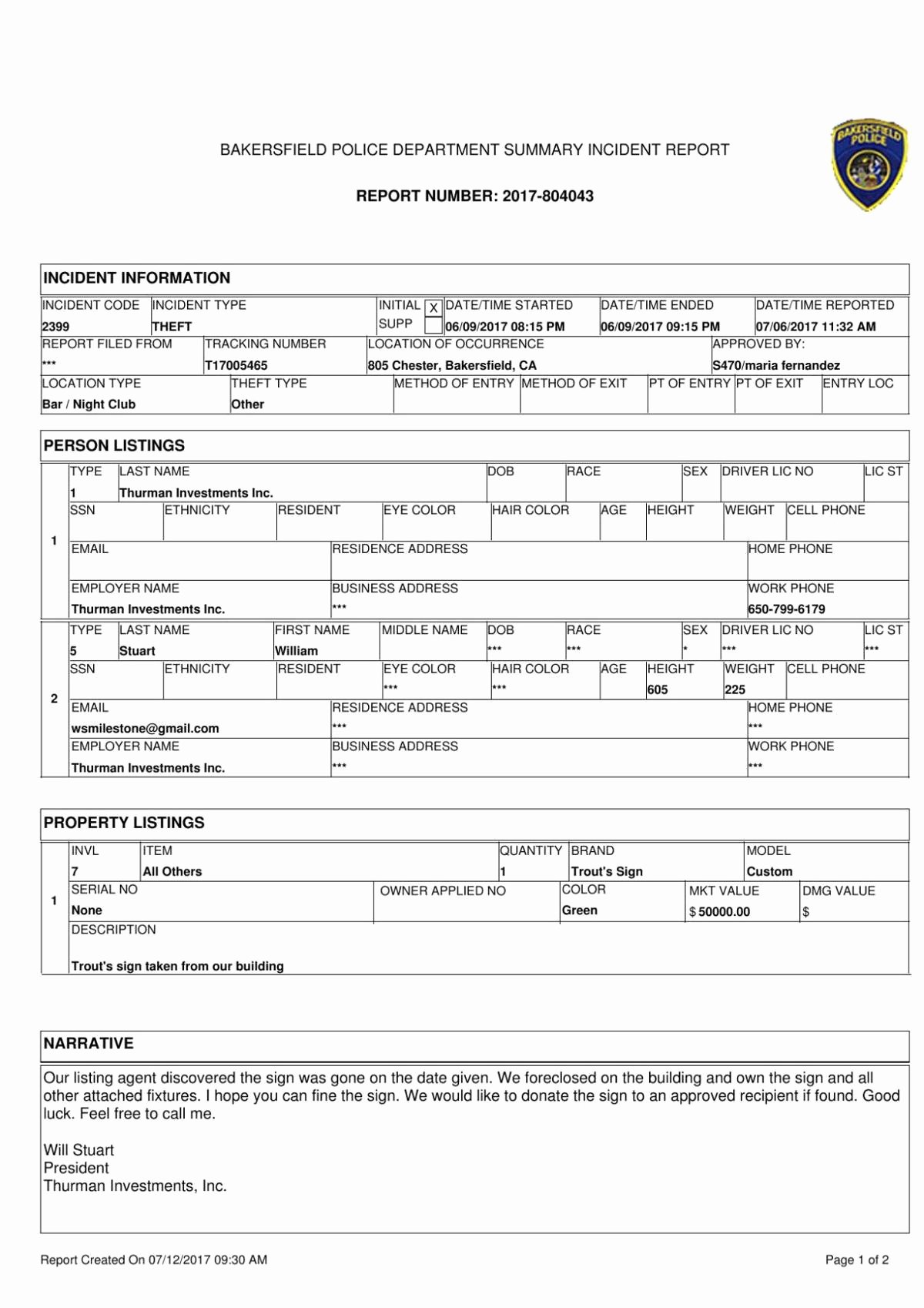 Police Report Template Pdf Elegant Bakersfield Police Department Incident Report