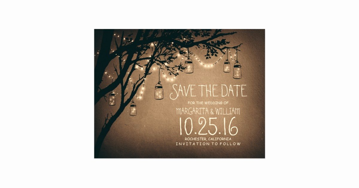 Postcard Save the Date Template Luxury Rustic Country Lights Mason Jars Save the Date Postcard