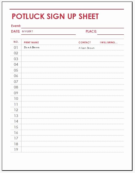 Potluck Signup Sheet Template Excel Awesome Potluck Sign Up Sheet Templates for Excel