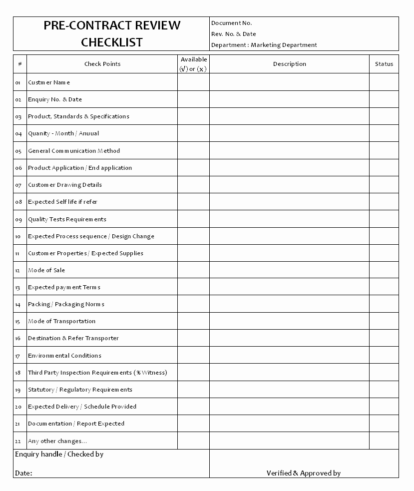 Pre Construction Checklist Template Awesome Pre Contract Review Document