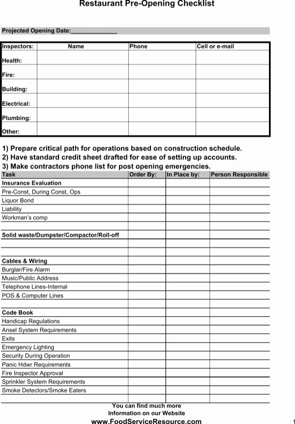 Pre Construction Checklist Template New Download Restaurant Pre Opening Checklist Template for