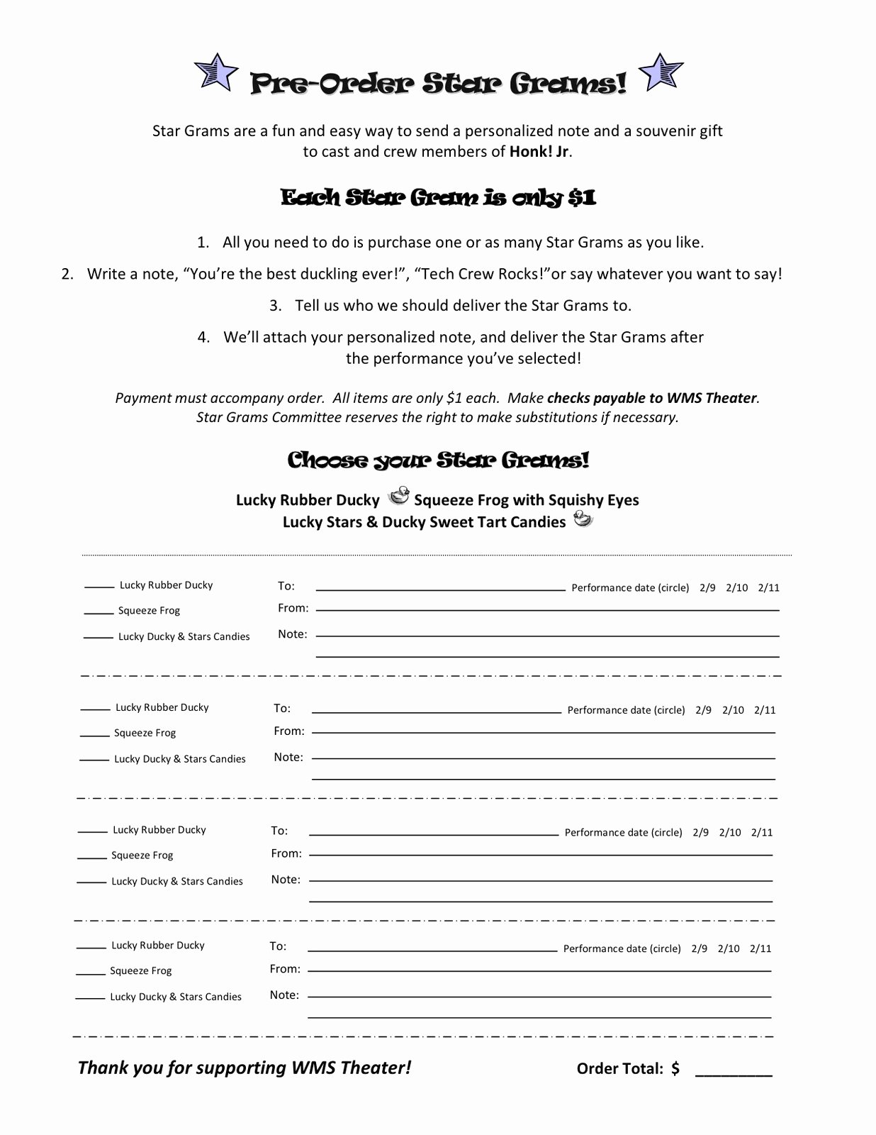 Pre order form Template Awesome Wyoming Middle School theater Stargrams Pre order form