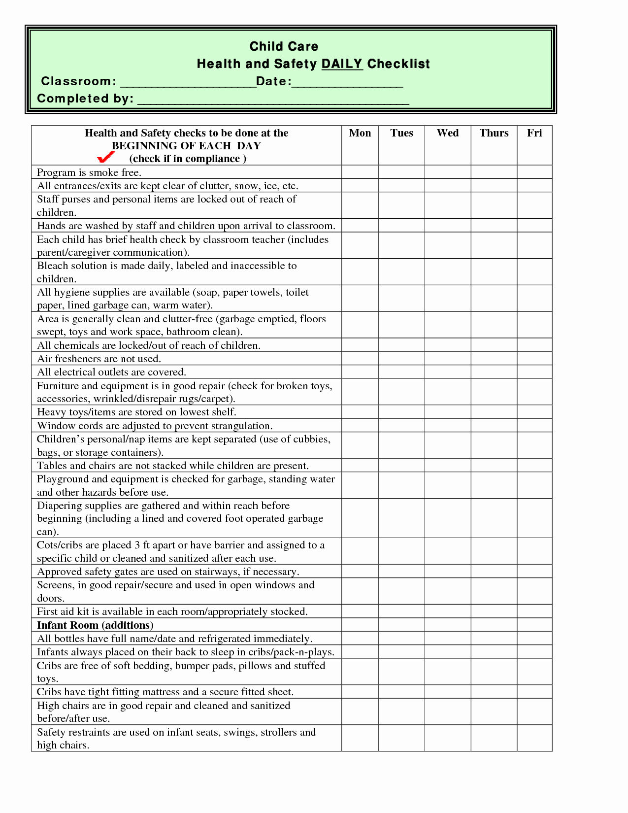 Preschool Cleaning Checklist Template Inspirational Child Care Health and Safety Daily Checklist Classroom