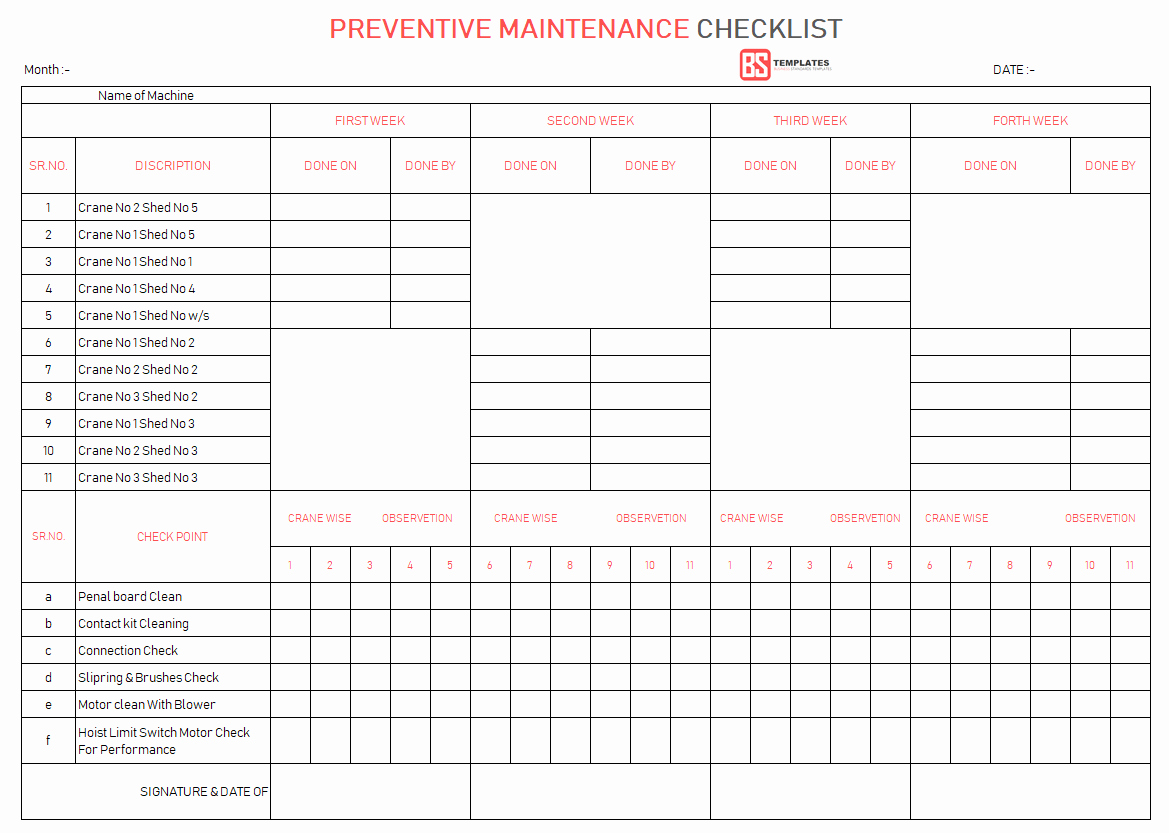 Preventive Maintenance Excel Template Inspirational Maintenance Checklist Template 10 Daily Weekly