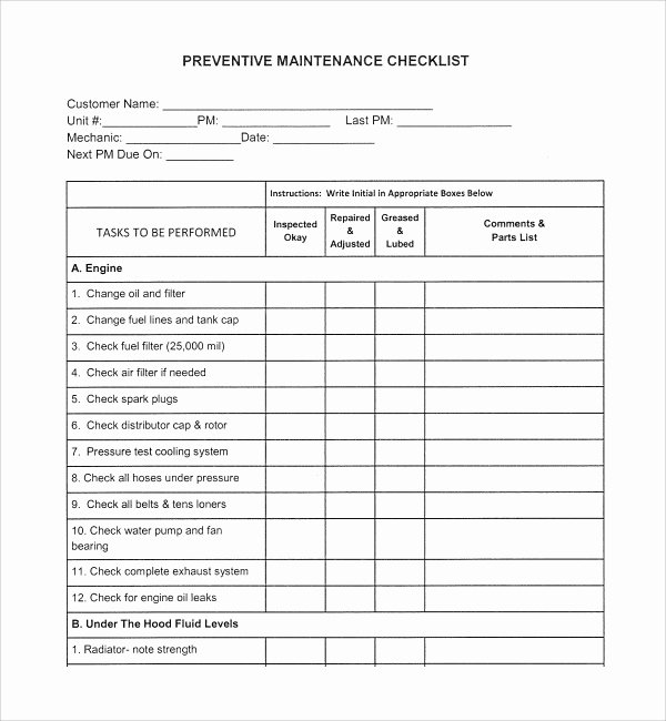 Preventive Maintenance form Template Elegant 17 Maintenance Checklist Templates – Pdf Word Pages