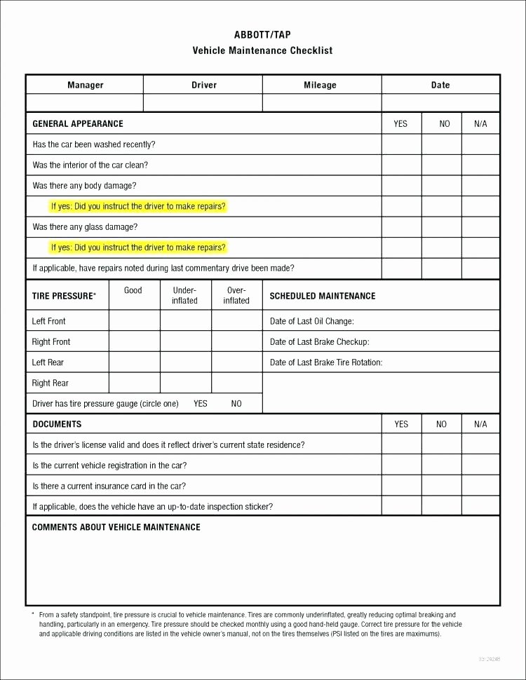 Preventive Maintenance form Template Fresh Car Maintenance Checklist form Monthly Vehicle forms