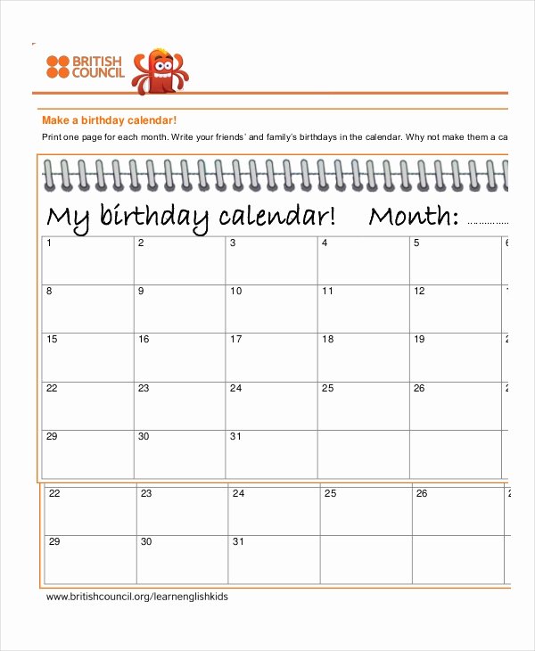 Printable Birthday Calendar Template Awesome Birthday Calendar 11 Free Word Pdf Psd Documents