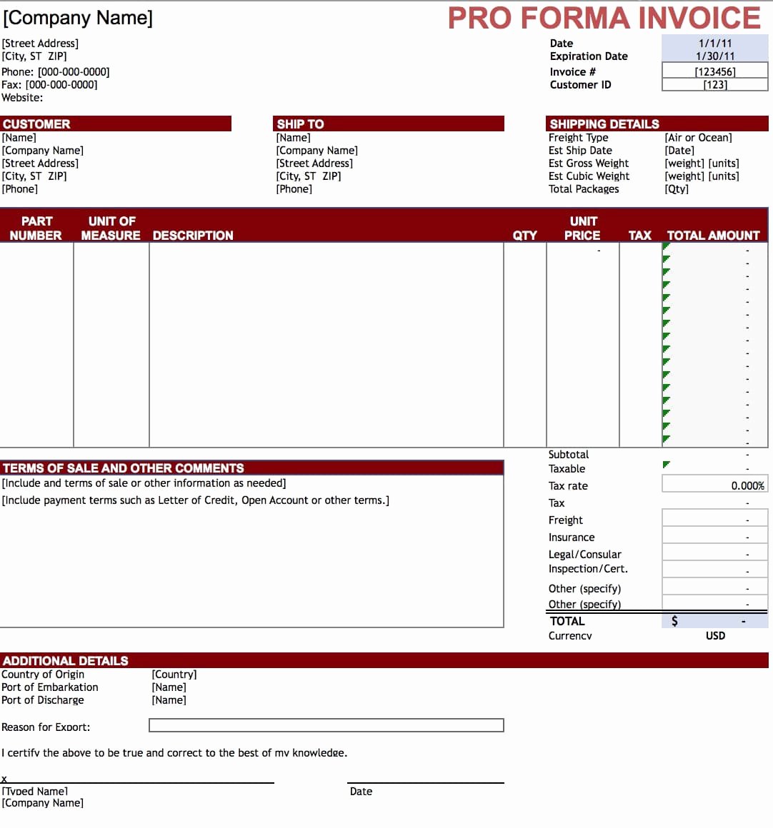 Proforma Invoice Template Excel Unique Free Pro forma Invoice Template Excel Pdf