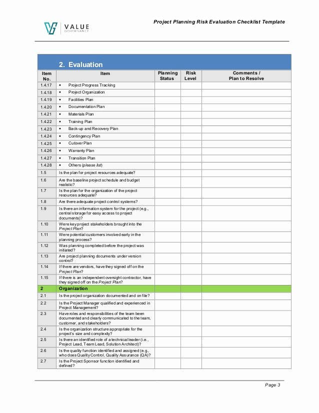 Project Evaluation Plan Template Luxury Pm Pm001 01 Planning Risk Evaluation Checklist