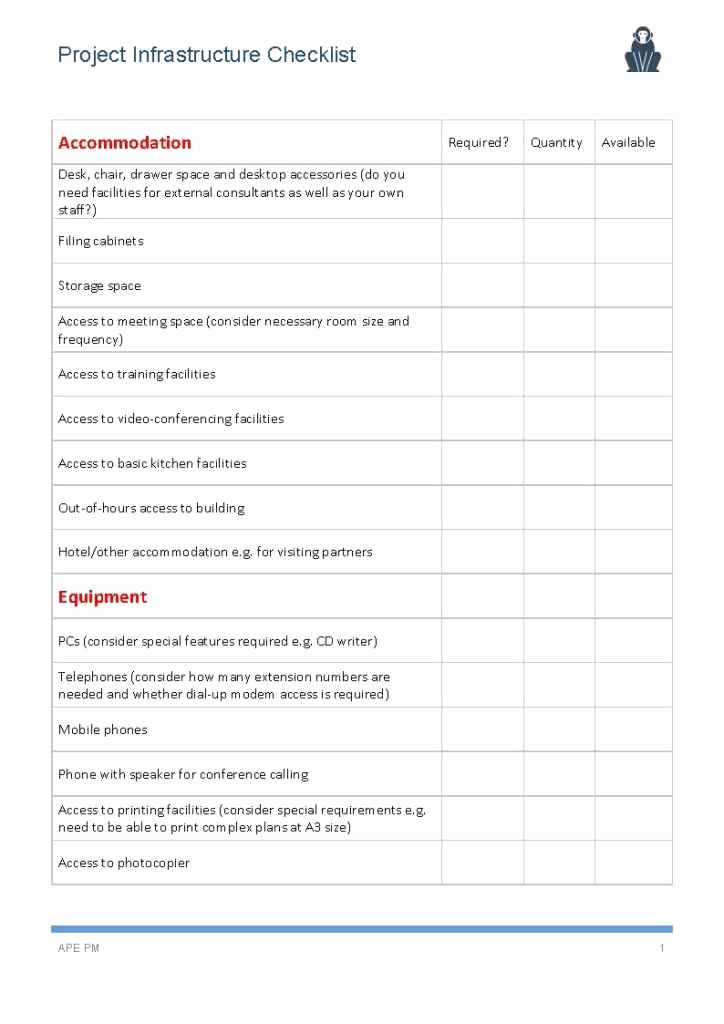 Project Management Checklist Template New Project Infrastructure Checklist Template Page 1 Ape