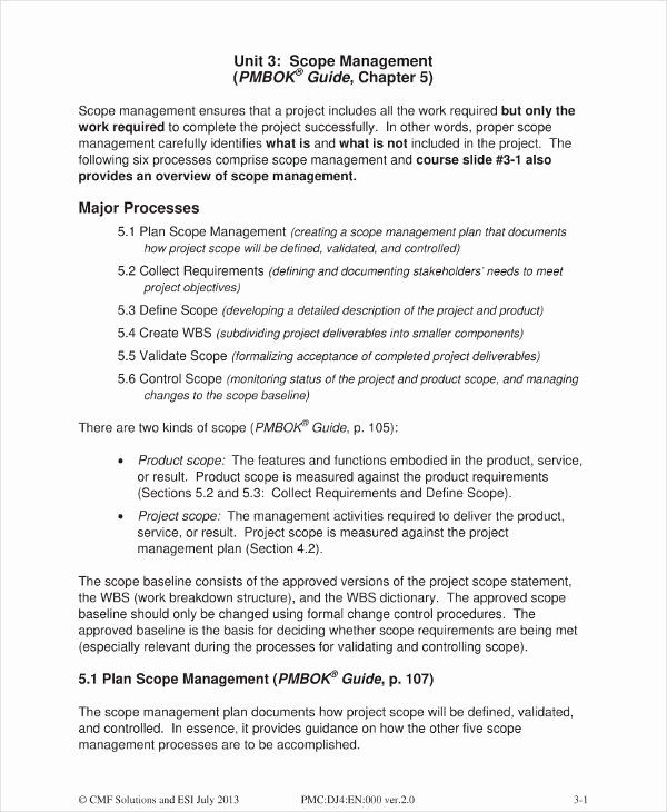 Project Management Scope Template New Project Scope Management Process Outline