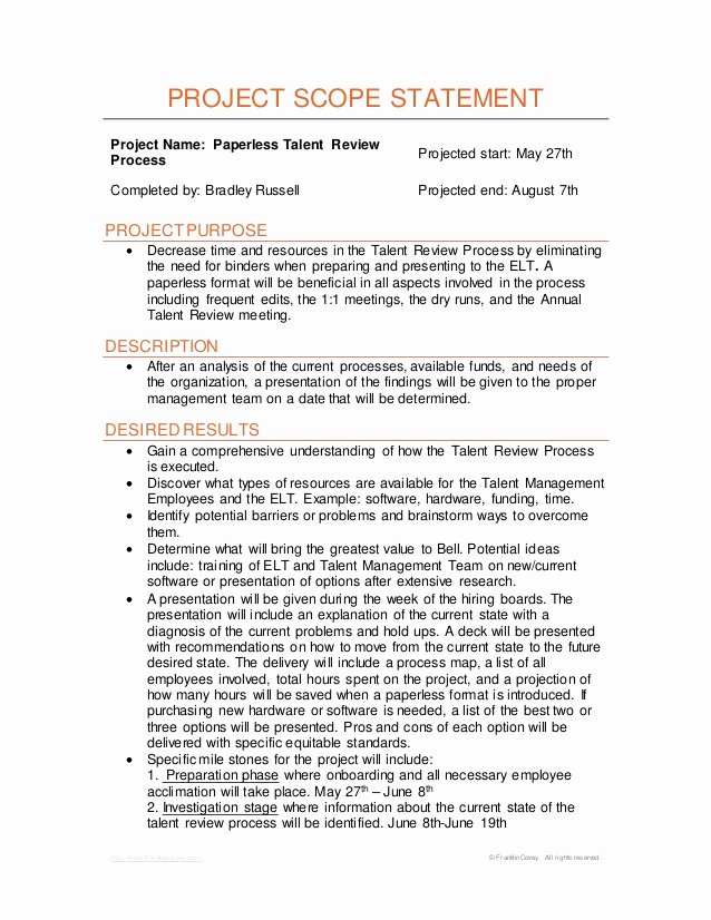 Project Scope Statement Template New Project Scope Statement Paperless Talent Review Process