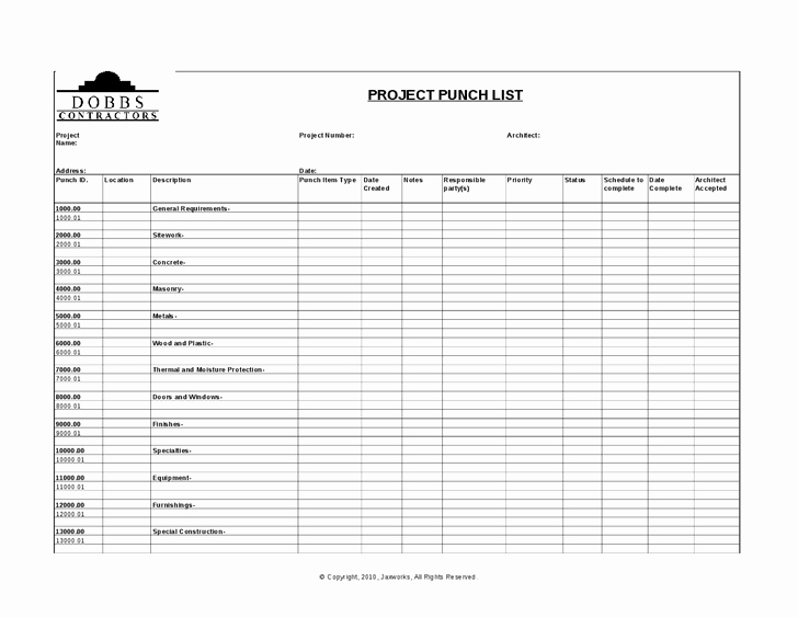 Punch List Template Excel Fresh Sample Construction Punch List Template Word – Project