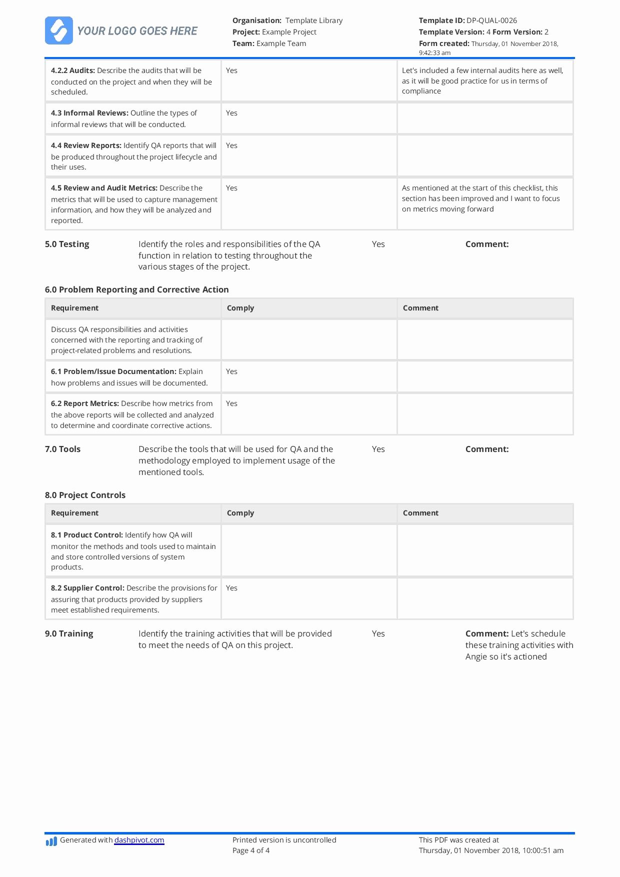 Quality assurance Plan Template Beautiful Quality assurance Plan Checklist Free and Editable Template