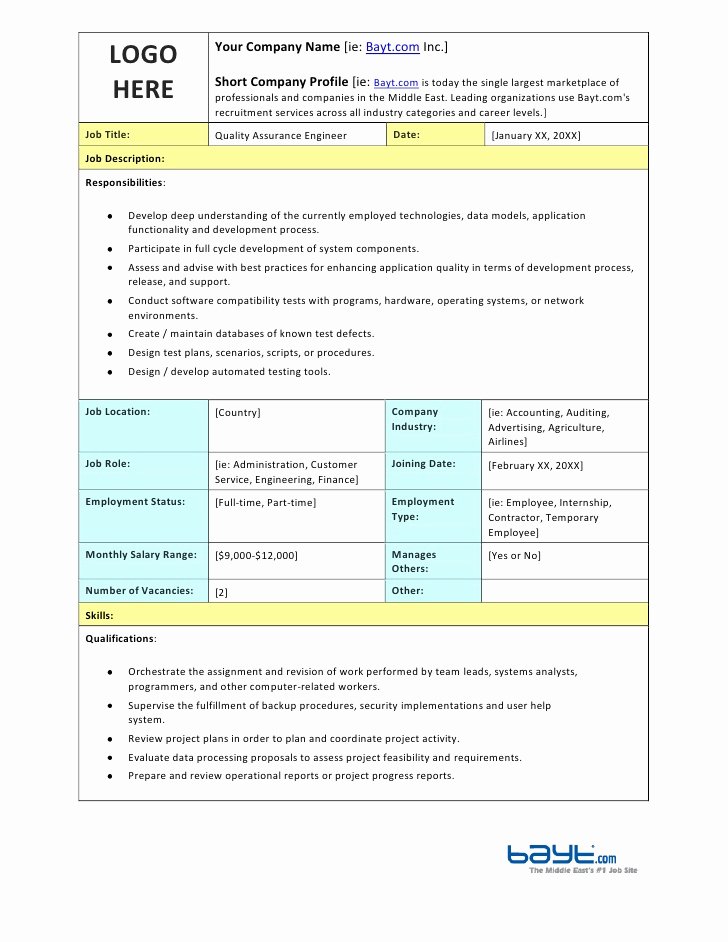 Quality assurance Reports Template New Quality assurance Engineer Job Description Template by
