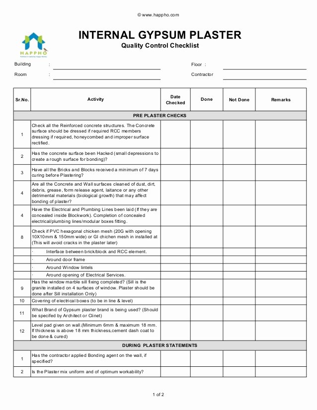 Quality Control Checklist Template Lovely Internal Gypsum Plaster Quality Control Checklist