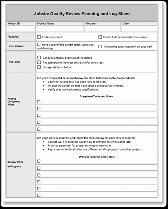 Quality Control form Template Elegant Construction Job Site Quality Control Review Planning