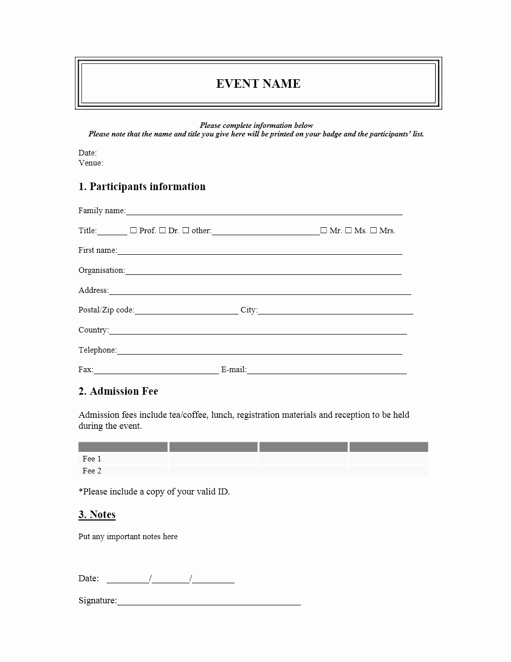 Registration form Template Word New event Registration form