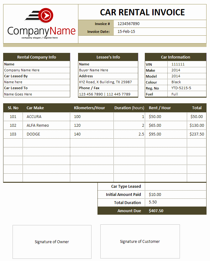 Rent Invoice Template Excel Elegant Car Rental and Sales Invoice