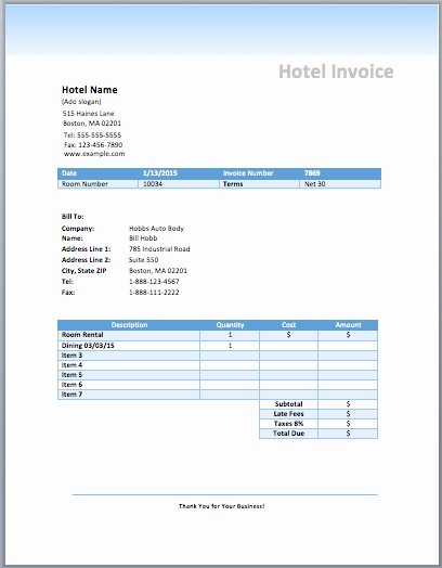 Rental Invoice Template Excel Fresh Hotel Invoice Template Excel