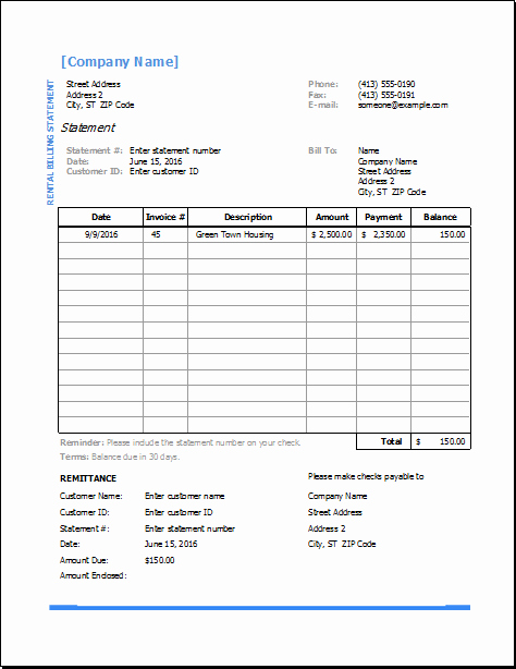 Rental Invoice Template Excel Unique Rental Billing Statement Template