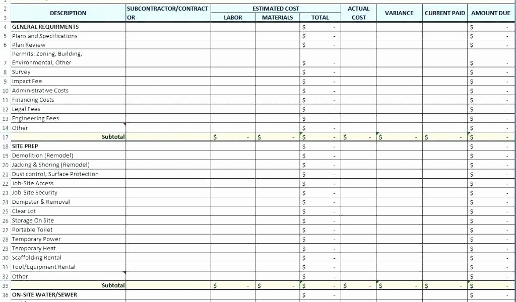 Residential Construction Budget Template Excel Unique Home Construction Bud Excel Spreadsheet