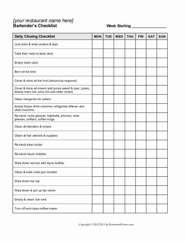Restaurant Cleaning Checklist Template Elegant Restaurant Manager Opening and Closing Checklist