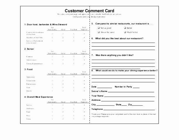 Restaurant Comment Card Template Free Beautiful Restaurant Ment Cards Free Restaurant Ment Card