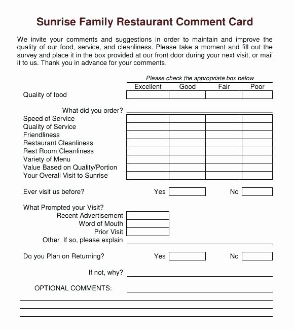 Restaurant Comment Card Template Free Beautiful Template Free Restaurant Ment Card Template Guest