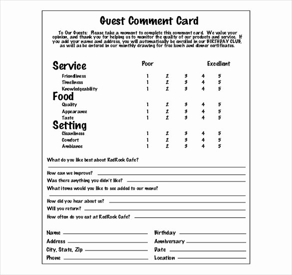 Restaurant Comment Card Template Free Elegant 26 Of Survey Cards Template