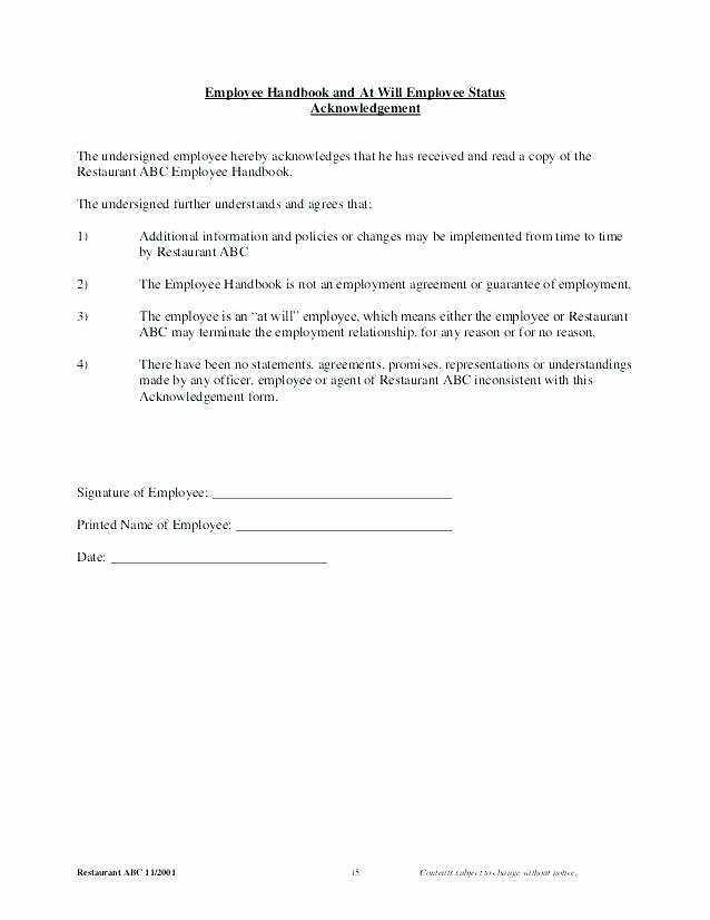 Restaurant Employee Handbook Template Free New Employee Handbook Receipt form Business forms Employee