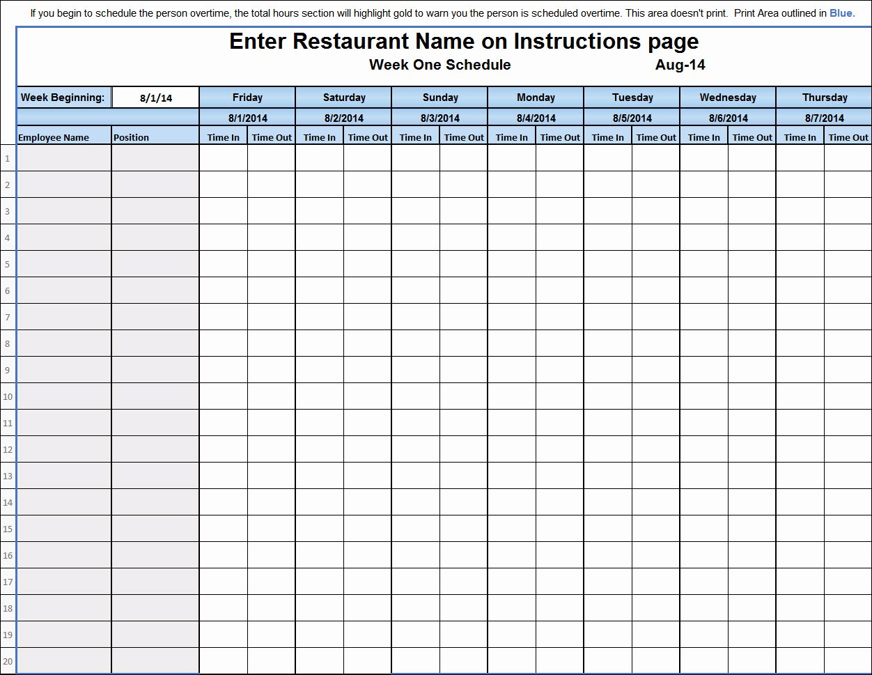 Restaurant Work Schedule Template Fresh Monthly Employee Schedule Template