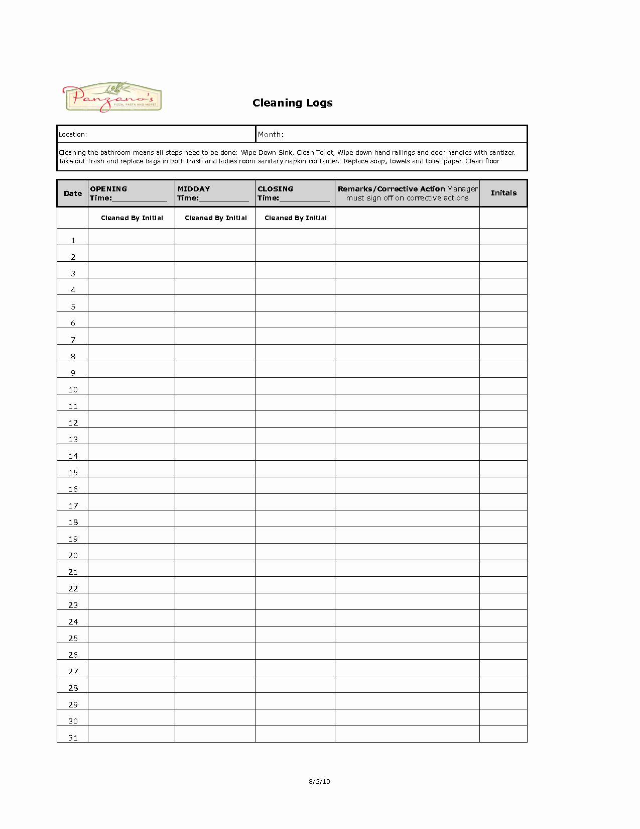 Restroom Cleaning Log Template Awesome 6 Best Of Printable Cleaning Check F Sheets