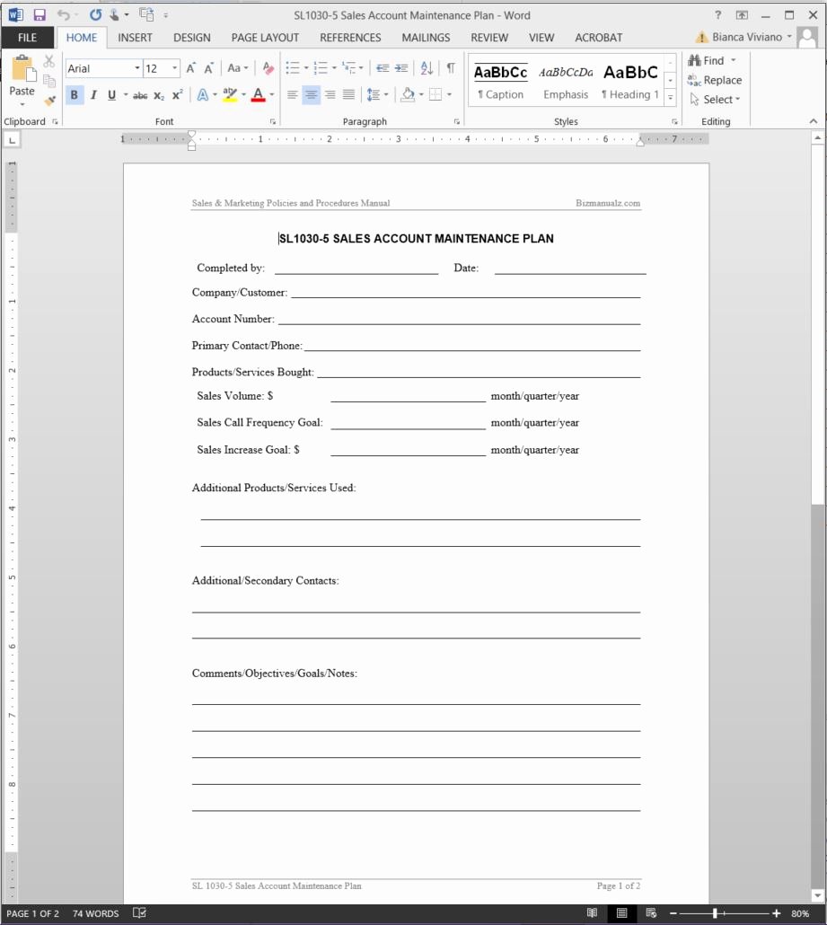 Sales Account Plan Template New Sales Account Maintenance Plan Template