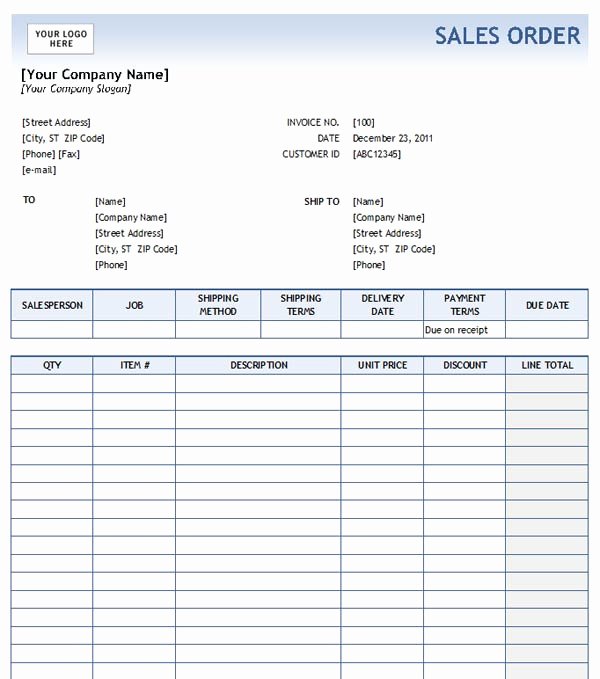 Sales order Template Excel Elegant Sales order with Blue Gra Nt Design Excel format