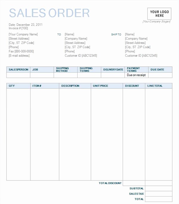 Sales order Template Excel New Sales order with Blue Background Design