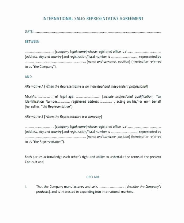 Sales Rep Agreement Template Inspirational Agent Contract Agreement Sample Sales form Representative
