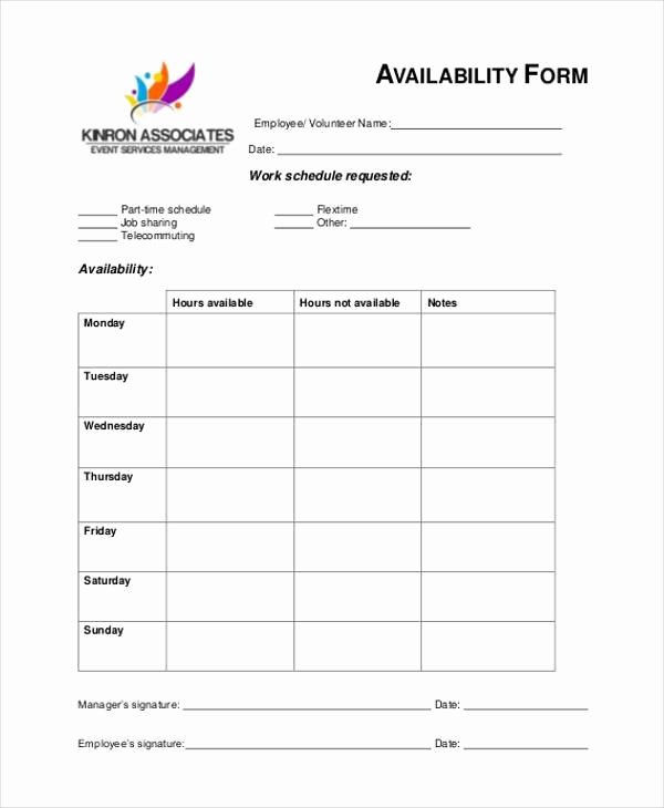 Schedule Of Availability Template Awesome Sample Employee Availability forms 9 Free Documents In