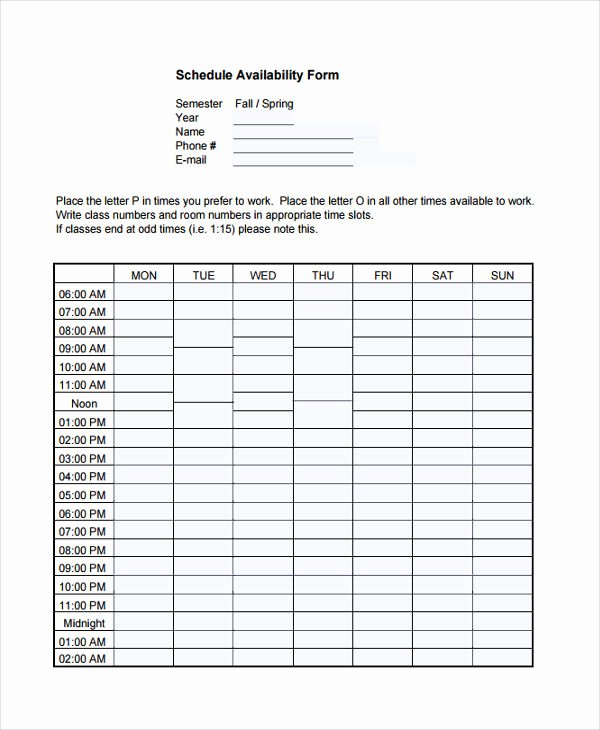 Schedule Of Availability Template Inspirational 14 Employee Availability forms