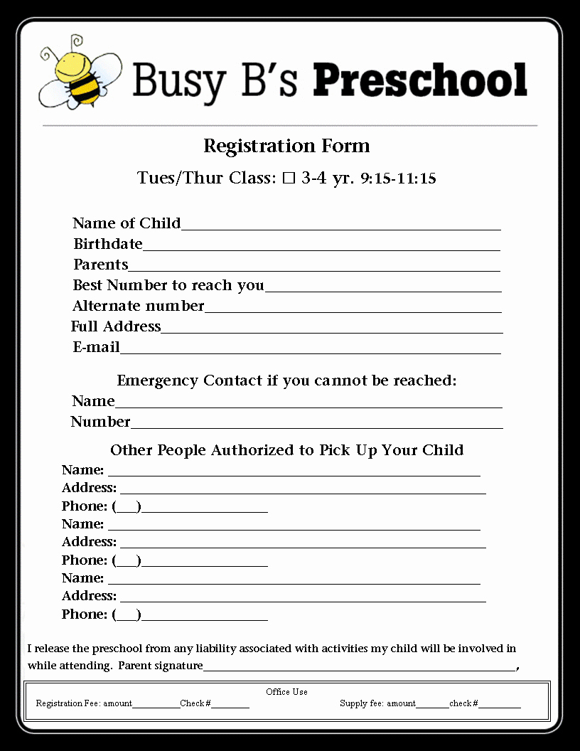 School Registration forms Template Elegant Busy B S Preschool Registration form Lbl