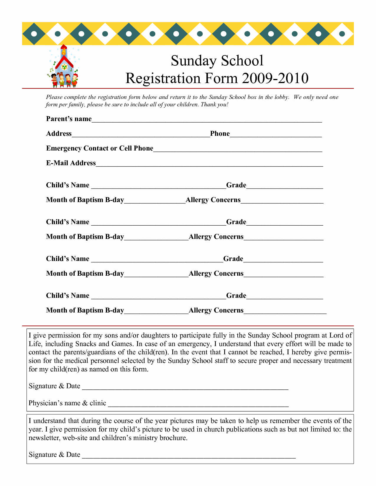 School Registration forms Template Elegant Sunday School Registration form 2009 2010